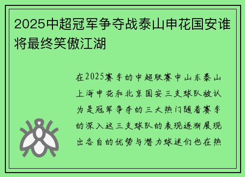 2025中超冠军争夺战泰山申花国安谁将最终笑傲江湖