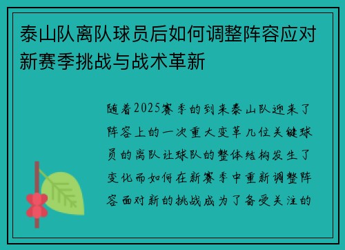泰山队离队球员后如何调整阵容应对新赛季挑战与战术革新