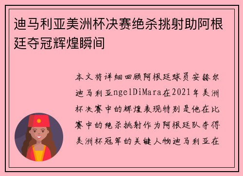 迪马利亚美洲杯决赛绝杀挑射助阿根廷夺冠辉煌瞬间