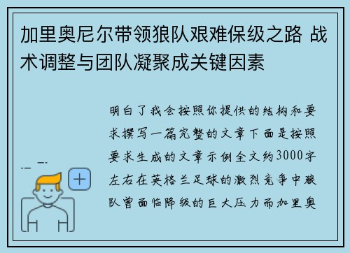 加里奥尼尔带领狼队艰难保级之路 战术调整与团队凝聚成关键因素