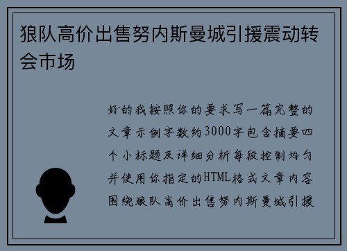 狼队高价出售努内斯曼城引援震动转会市场