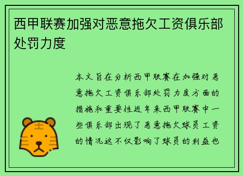 西甲联赛加强对恶意拖欠工资俱乐部处罚力度